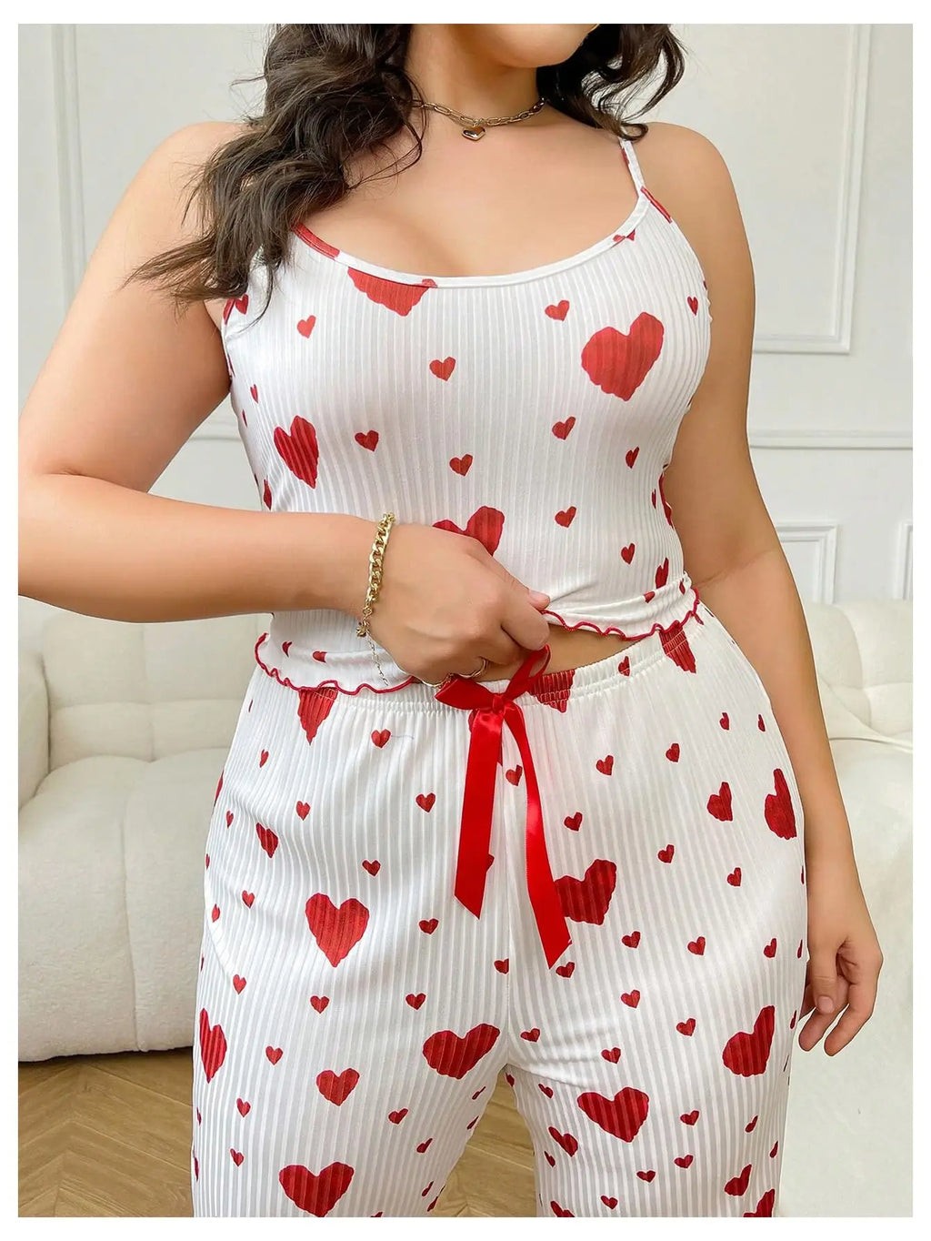 Conjunto de pijamas de talla grande para mujer, chaleco y pantalones sin mangas de 2 piezas, ropa de dormir blanca suave y transpirable, ropa de dormir informal con estampado de corazón rojo