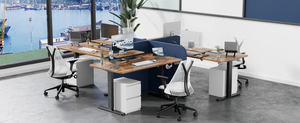 Devoko Escritorio eléctrico de altura ajustable 120 × 60 cm con soporte para monitor Asiento ergonómico Escritorio de pie (blanco)