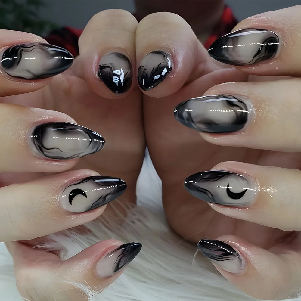 Uñas postizas negras con diseño de murciélago para Halloween, puntas de uñas decoradas con forma de almendra, con remaches y lazos, 24 unidades, uñas acrílicas reutilizables.
