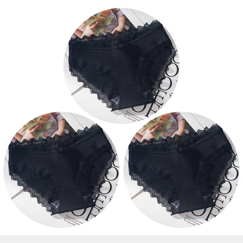 Bragas de algodón para mujer, bragas de encaje sexis, bragas de Color sólido para niñas, juego de ropa interior, ropa interior, Dropshipping 3 unids/lote