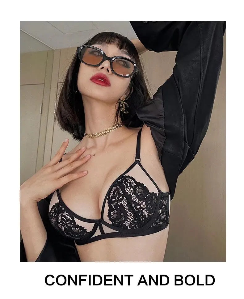 Conjunto de sujetador y bragas con forro fino de retazos de encaje sin espalda en U, ropa interior con realce, lencería hermosa para mujer, bragas de malla