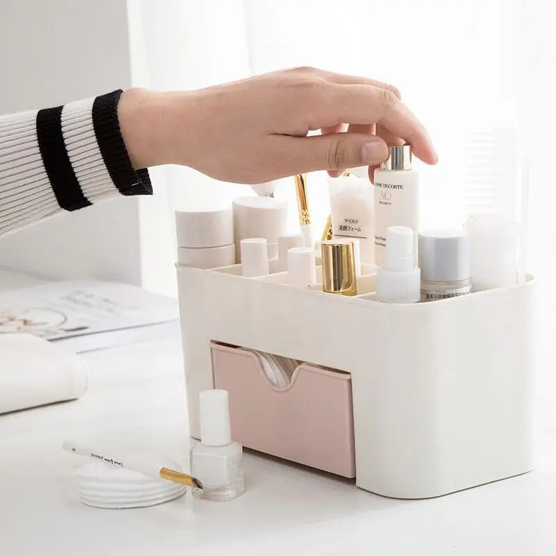 Caja organizadora de maquillaje con cajón, hisopo de algodón, estuche de almacenamiento para lápiz labial, soporte para brochas, plástico Acrílico
