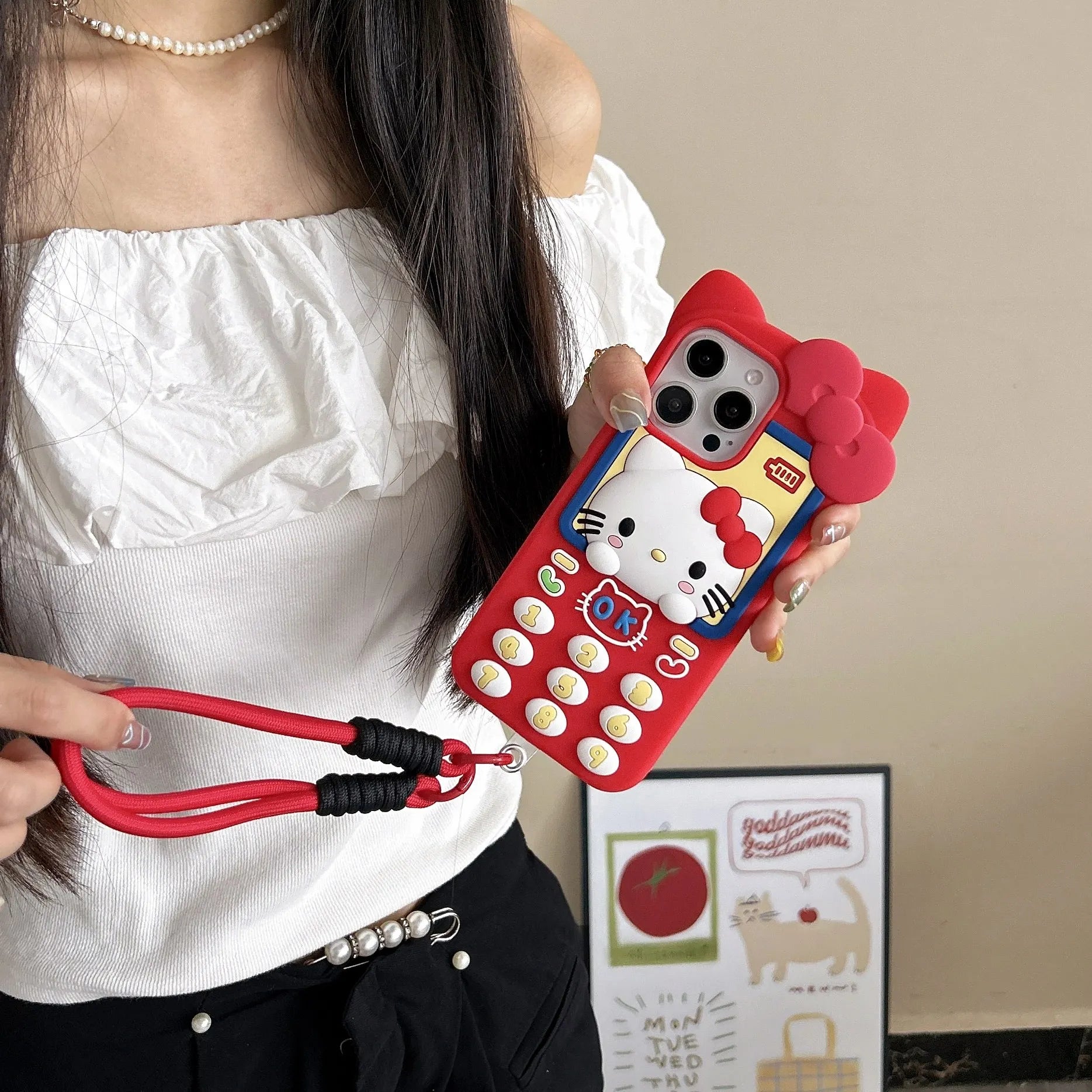 Lindo teléfono 3D Hello Kitty funda de teléfono para iPhone 17 16 15 14 13 Pro Max Plus 17 Pro cubierta de silicona suave de dibujos animados con cordón