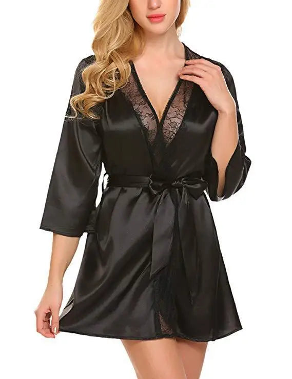 Bata de satén de encaje Sexy para mujer, ropa de dormir, camisón corto, Kimono, albornoz, lencería, camisón, vestido suave y cómodo negro de talla grande