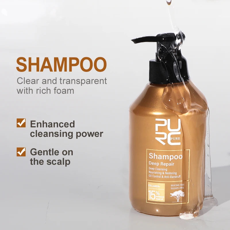 PURC-tratamiento para el cabello dañado, aceite de argán marroquí, aminoácido, queratina, suavizante, champú sin sulfato, acondicionador, juego de cabello para coche