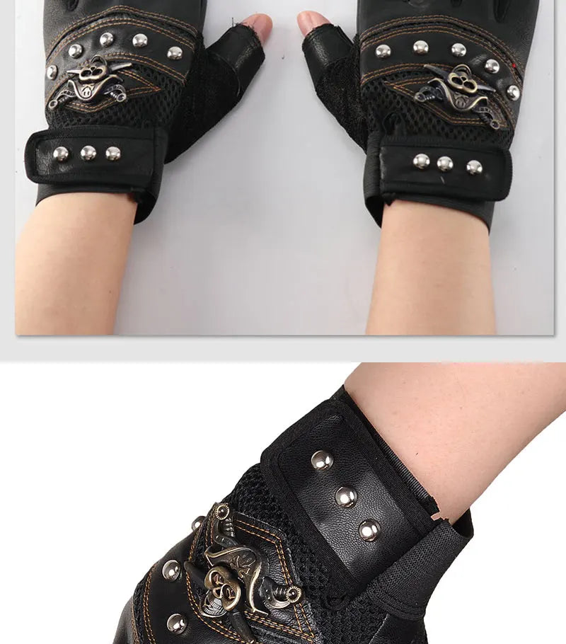 Guantes sin dedos de cuero PU de capitán pirata para hombre y mujer, manoplas con remaches de calaveras, guantes de gimnasio de Hip Hop, guantes de medio dedo para Moto femenina