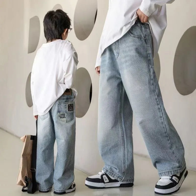 Pantalones vaqueros cálidos de invierno para niños, nuevo estilo, pantalones vaqueros holgados de pierna recta de marca a la moda para adolescentes y niños, pantalones sueltos para niños