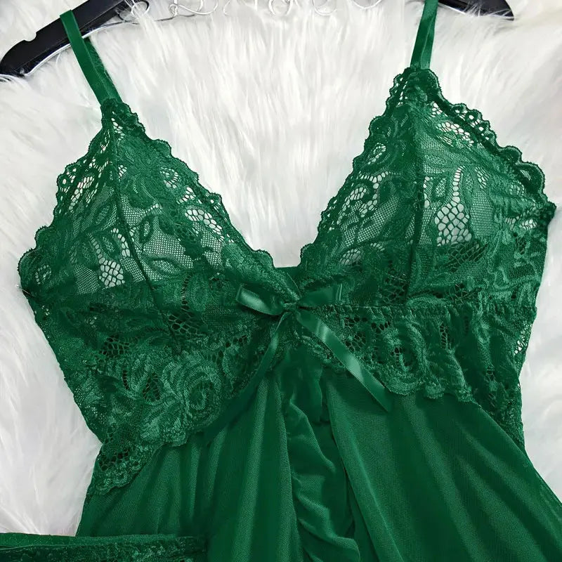Conjunto de 2 uds de camisón de encaje para mujer, ropa de casa exquisita, nuevo pijama verde para la noche, camisón transparente dividido, conjuntos de bragas con sujetador con cuello en V