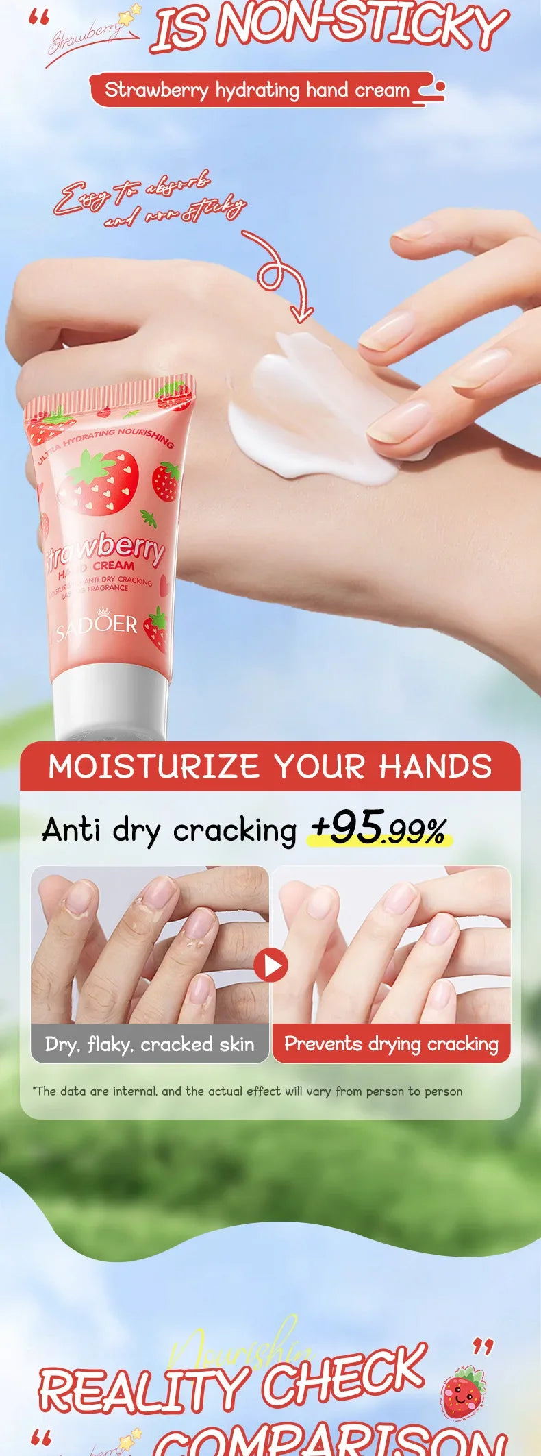 Crema nutritiva de fresa para manos, bálsamo labial, juegos de cuidado de la piel, hidratante, labios regordetes, lápiz labial de frutas, labios regordetes, cuidado de la piel de las manos