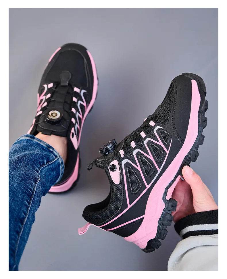 Zapatos de seguridad para el trabajo para mujer, zapatillas de trabajo con punta de acero, botón giratorio, transpirables, antideslizantes, protección a prueba de pinchazos, botas de seguridad rosas