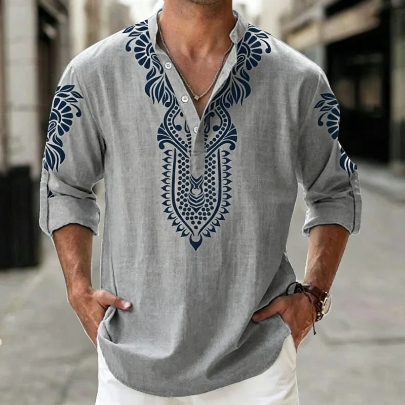 Camisa Henley de Lino para Hombre, Estilo Bohemio, Estampado Étnico Tribal, Manga 3/4, Cuello en V, Corte Holgado Informal, Blusa de Playa