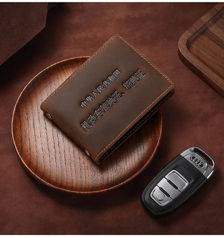 Tarjetero de cuero auténtico para hombre, cartera para documentos de coche, de alta calidad, para licencia de conducir, 8,2x10,5 cm