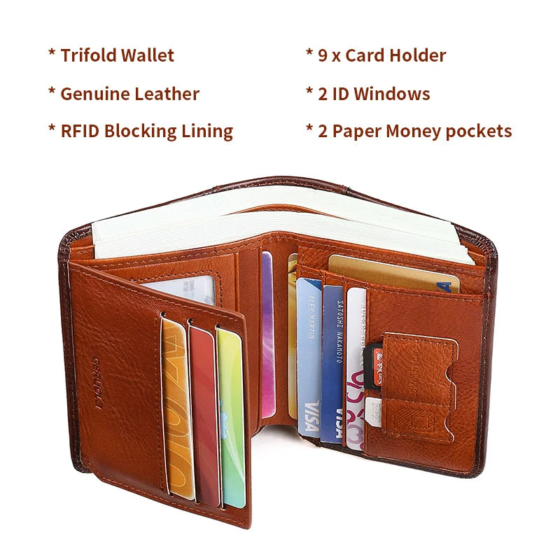 GERUOLA Cartera delgada de cuero genuino con protección RFID para hombre, tarjetero multifuncional para identificación y tarjeta de crédito, color marrón oscuro con adornos