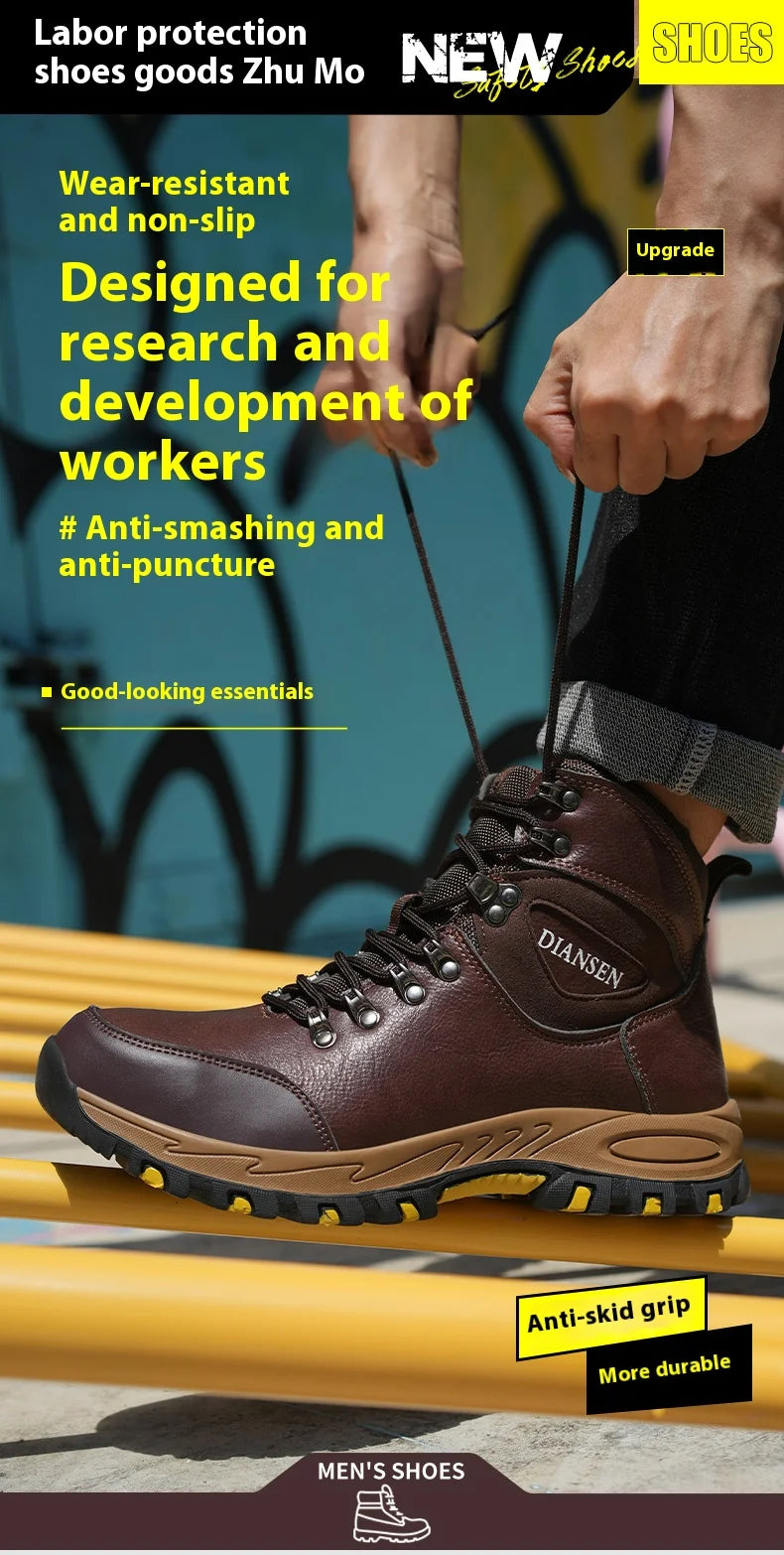 Botas de seguridad de trabajo indestructibles de cuero impermeables para hombre, botas militares para exteriores, zapatos industriales antigolpes y antipinchazos para hombre