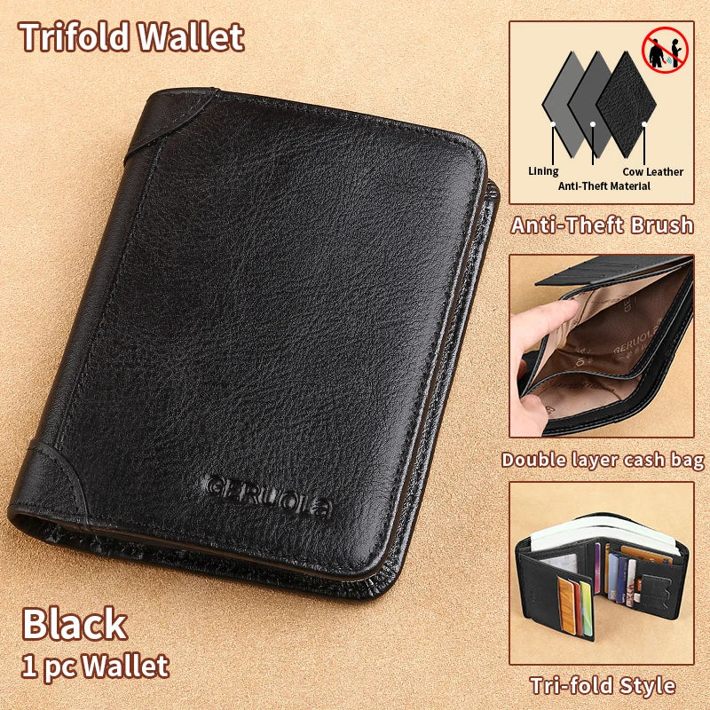 GERUOLA Cartera delgada de cuero genuino con protección RFID para hombre, tarjetero multifuncional para identificación y tarjeta de crédito, color marrón oscuro con adornos
