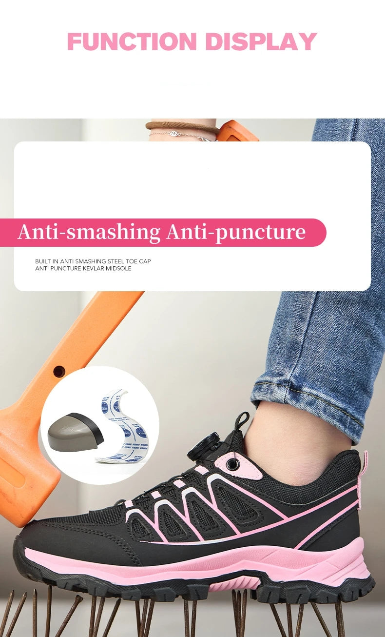 Zapatos de seguridad para el trabajo para mujer, zapatillas de trabajo con punta de acero, botón giratorio, transpirables, antideslizantes, protección a prueba de pinchazos, botas de seguridad rosas