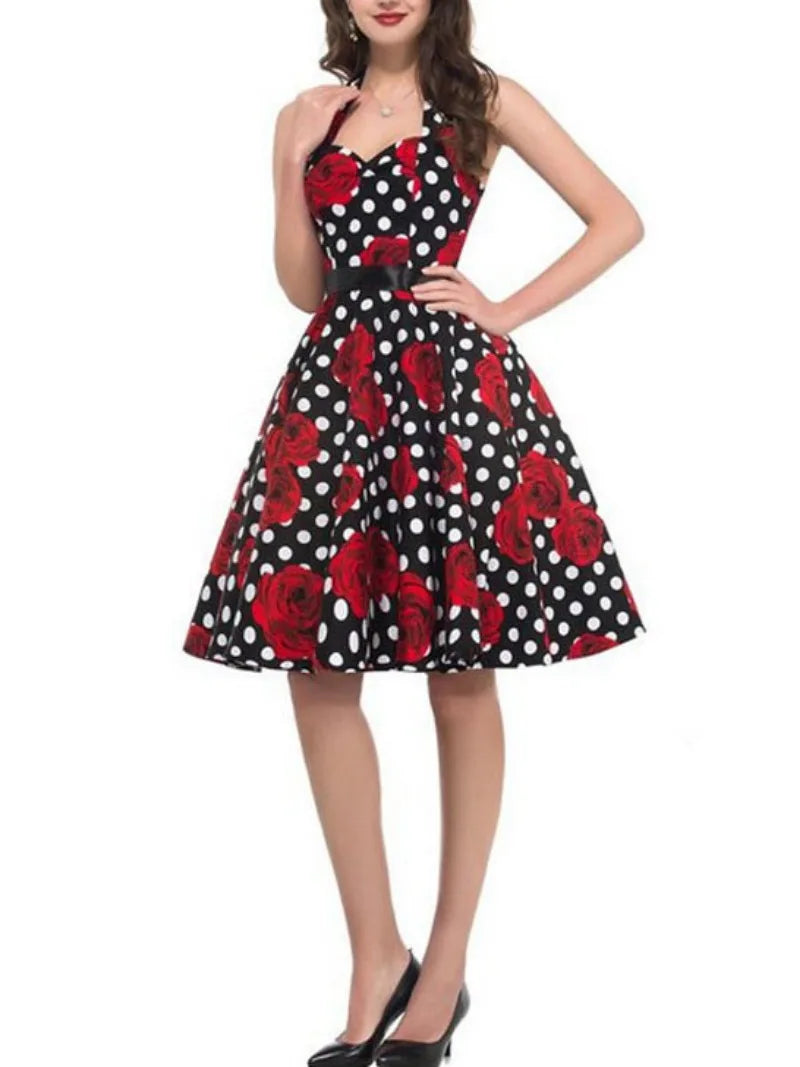 Elegante Vestido de Mujer con Estampado de Puntos, Estilo Hepburn de los Años 50 y 60, Vestido Vintage Sexy con Cuello Halter, Estilo Rockabilly Retro para Fiesta u Oficina, Vestido Pinup 2026