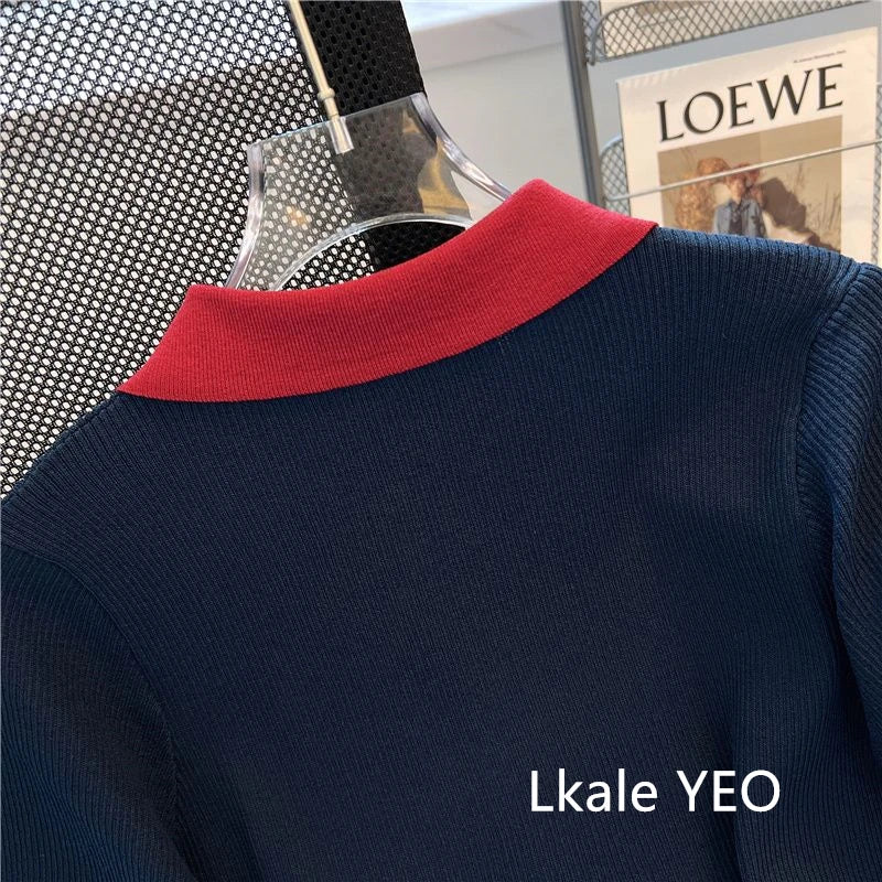 Primavera Verano 2025 diseño Sense Polo cuello mujer camiseta Casual cómoda Color contrastante Be All-match señoras Top de punto