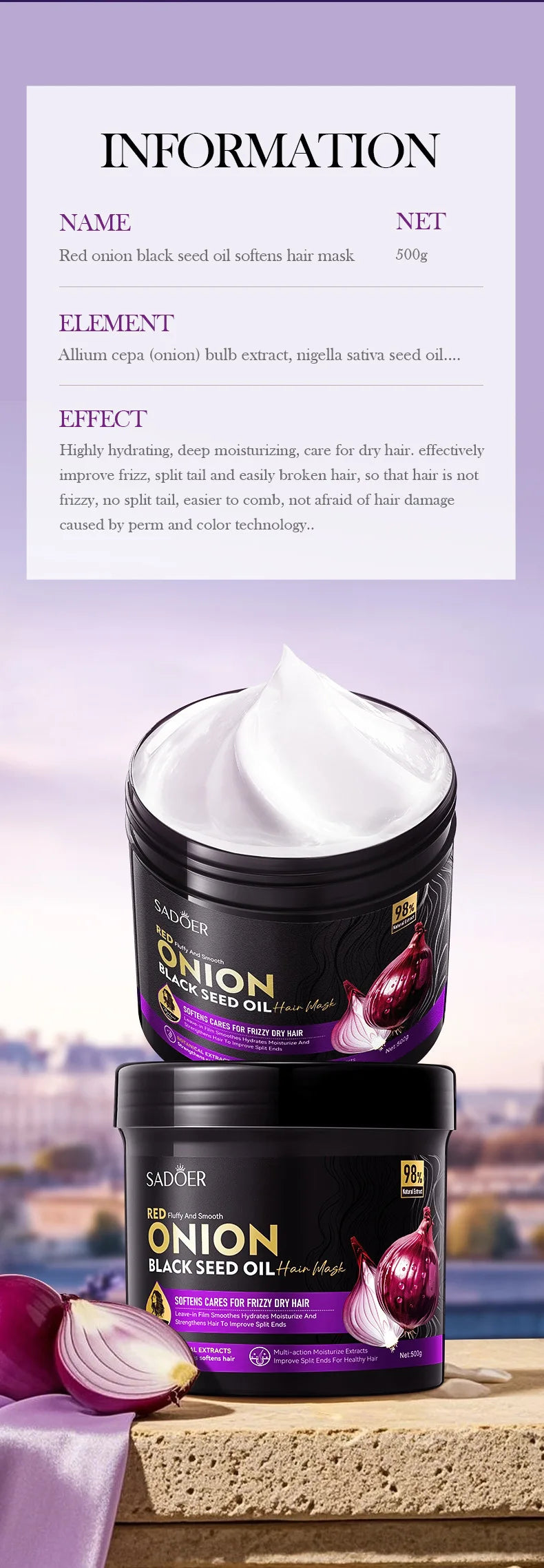 SADOER Champús de Cebolla y Mascarilla Capilar con Aceite de Semillas Negras 500g Set de Aceite Capilar Suavizante Reparador para Cabello Seco y Dañado Nutrición Profunda Cuidado del Brillo