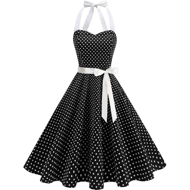 Elegante Vestido de Mujer con Estampado de Puntos, Estilo Hepburn de los Años 50 y 60, Vestido Vintage Sexy con Cuello Halter, Estilo Rockabilly Retro para Fiesta u Oficina, Vestido Pinup 2026