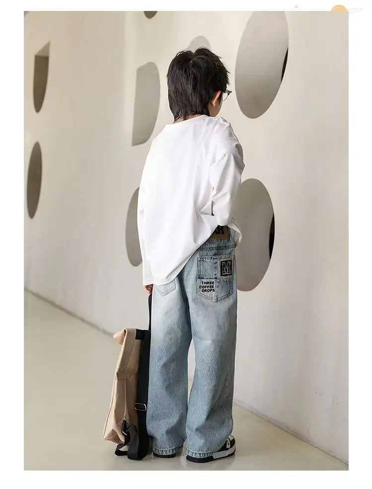 Pantalones vaqueros cálidos de invierno para niños, nuevo estilo, pantalones vaqueros holgados de pierna recta de marca a la moda para adolescentes y niños, pantalones sueltos para niños