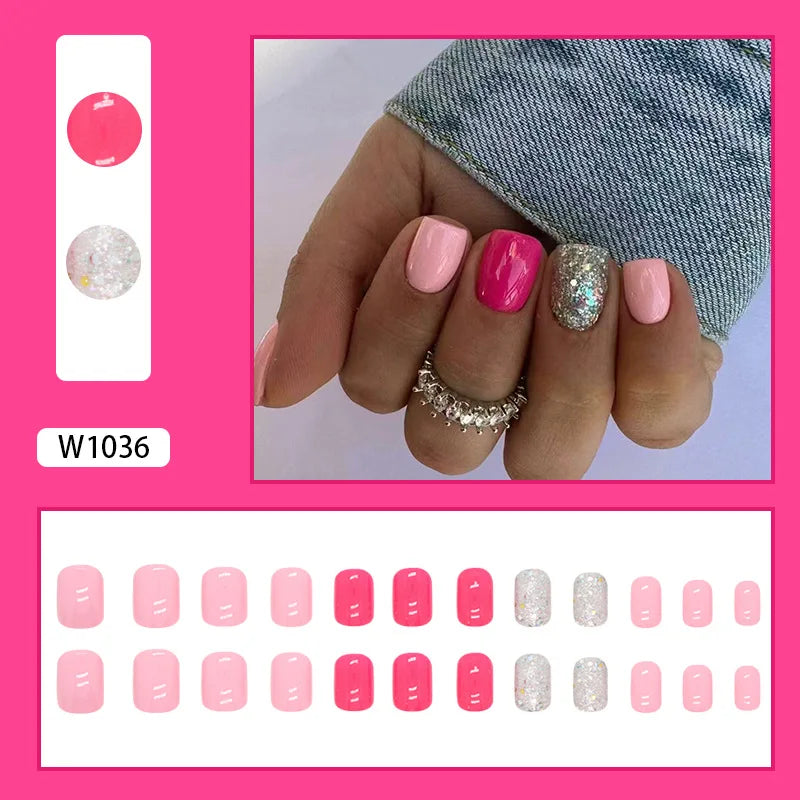 Dulce francés 24 Uds. De uñas postizas degradadas rosas, manicura de dedos artificiales brillantes, uñas postizas reutilizables para mujeres