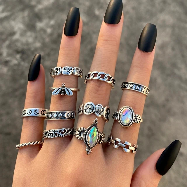 21 unids/set Punk gótico mariposa serpiente corazón anillos conjunto para Mujeres Hombres Vintage plateado geométrico anillos de dedo joyería de fiesta