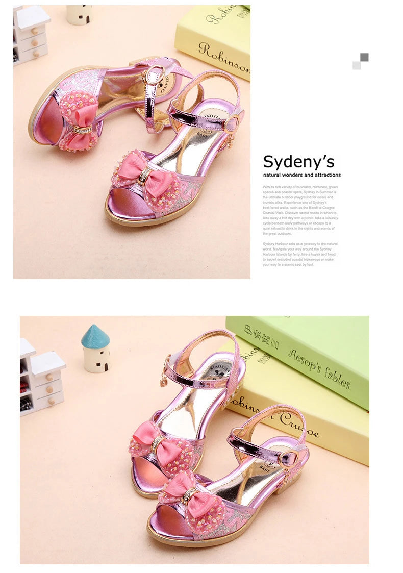 Sandalias de princesa de verano para niños, zapatos antideslizantes de tacón bajo con lentejuelas para niñas, sandalias de playa informales y versátiles con lazo a la moda