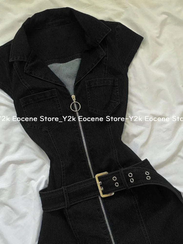 Vestido corto vaquero negro Retro americano para mujer, vestido elegante ajustado de una pieza con cremallera de verano, ropa informal de diseño de moda coreana