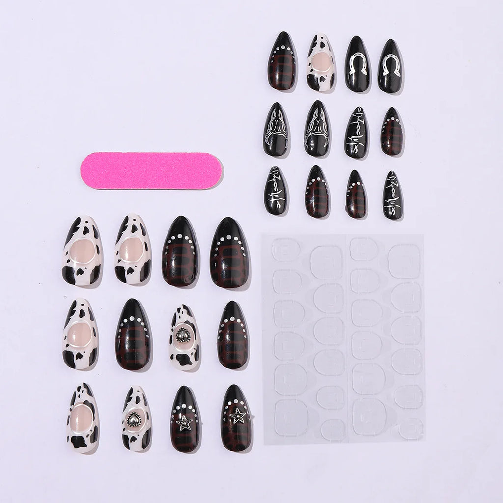 Uñas postizas negras con diseño de murciélago para Halloween, puntas de uñas decoradas con forma de almendra, con remaches y lazos, 24 unidades, uñas acrílicas reutilizables.