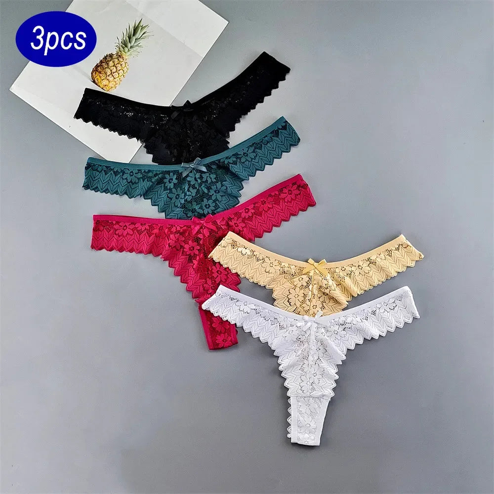 Paquete de 3 tangas de encaje para mujer, ropa interior transparente de cintura media, bragas femeninas con volantes, tallas grandes