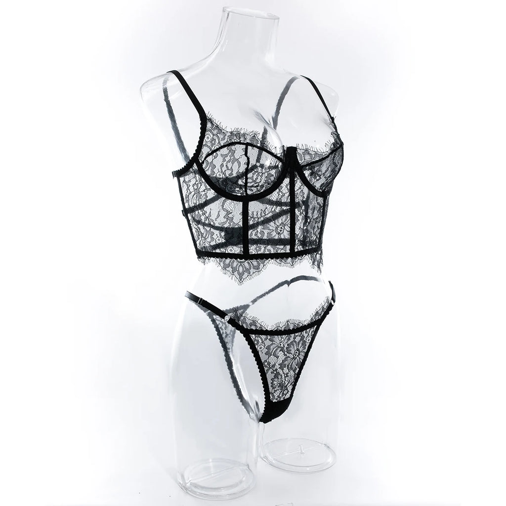 Krasapt-Lencería de encaje negro Sexy, conjuntos de dos piezas, ropa interior de encaje elegante, sujetadores y bragas eróticos, conjunto Bilizna atractivo transparente