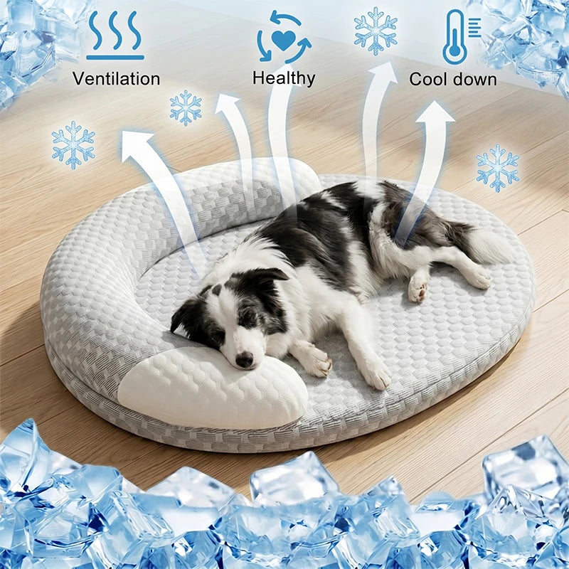 Cama refrescante para perros, colchoneta de seda helada para gatos, nido ovalado para mascotas, almohadilla transpirable de disipación de calor para perros pequeños, medianos y grandes, y gatos.