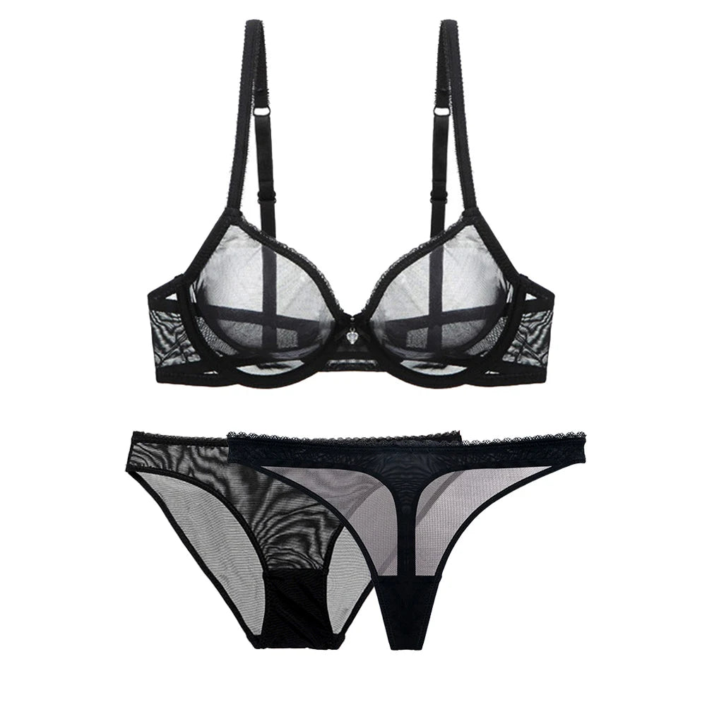 Varsbaby-ropa interior de encaje de malla de copa ultrafina, transparente, sin forro, 1 sujetador + 2 bragas, conjunto de sujetador de talla grande para mujer