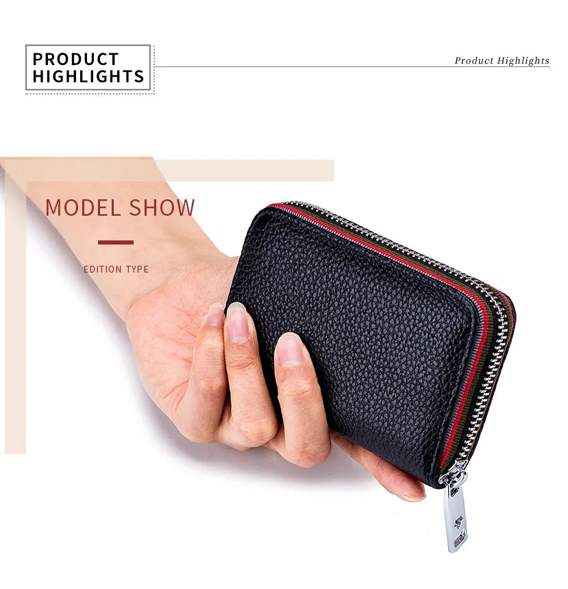 Tarjetero de cuero genuino para hombre y mujer, cartera pequeña con cremallera, monedero sólido, diseño de acordeón, identificación Rfid, bolsas para tarjetas de crédito comerciales