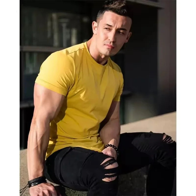 Camiseta de entrenamiento muscular, camiseta de manga corta de entrenamiento de verano para hombre, camiseta de fitness de algodón de alta calidad para hombre, camisetas de color sólido para gimnasio