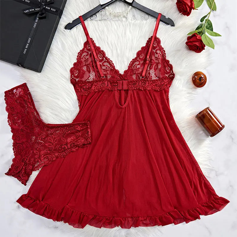 Conjunto de 2 uds de camisón de encaje para mujer, ropa de casa exquisita, nuevo pijama verde para la noche, camisón transparente dividido, conjuntos de bragas con sujetador con cuello en V
