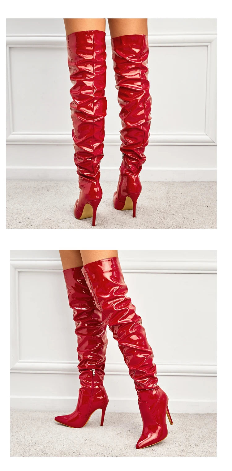 Eilyken-Botas por encima de la rodilla plisadas de charol para mujer, zapatos hasta el muslo con cremallera y punta estrecha, a la moda, alta calidad