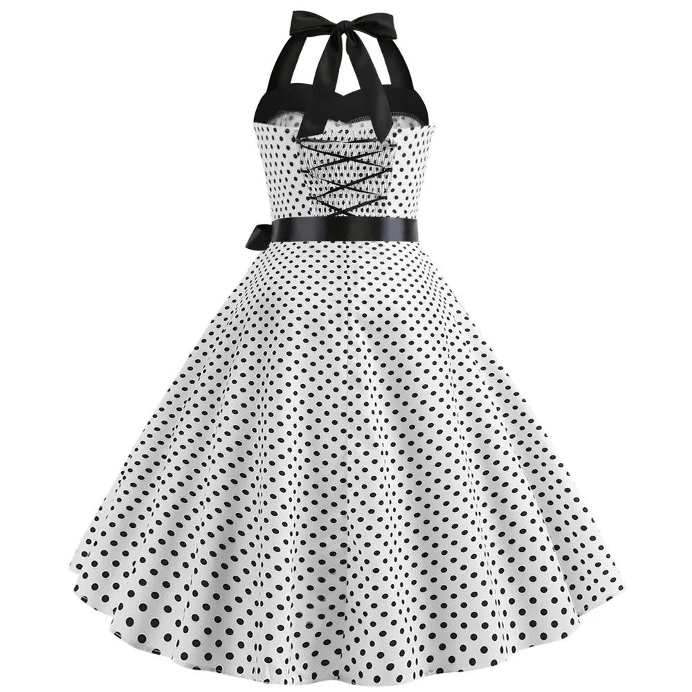 Elegante Vestido de Mujer con Estampado de Puntos, Estilo Hepburn de los Años 50 y 60, Vestido Vintage Sexy con Cuello Halter, Estilo Rockabilly Retro para Fiesta u Oficina, Vestido Pinup 2026