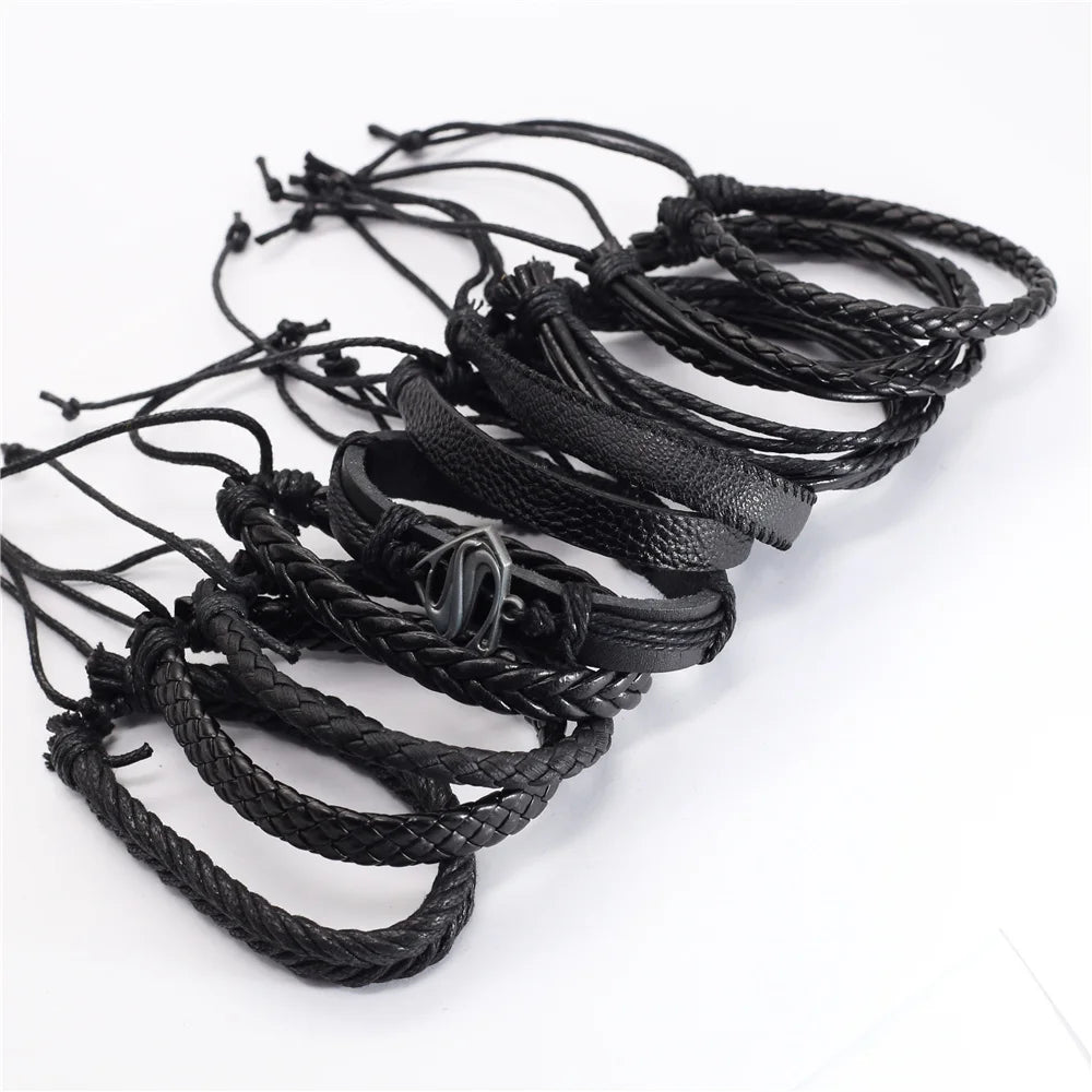 Juego de 10 Pulseras de Cuero Trenzado Negras, Hechas a Mano, para Hombre y Mujer, Pulseras de Moda, Joyería al por Mayor, Regalo