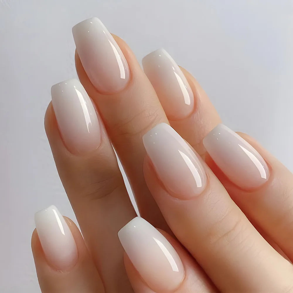 24 Uñas Postizas Degradadas Francesas Estilo Bailarina, Resistentes al Agua, Forma Ataúd Mediano, Uñas Falsas, Puntas de Uñas a Presión