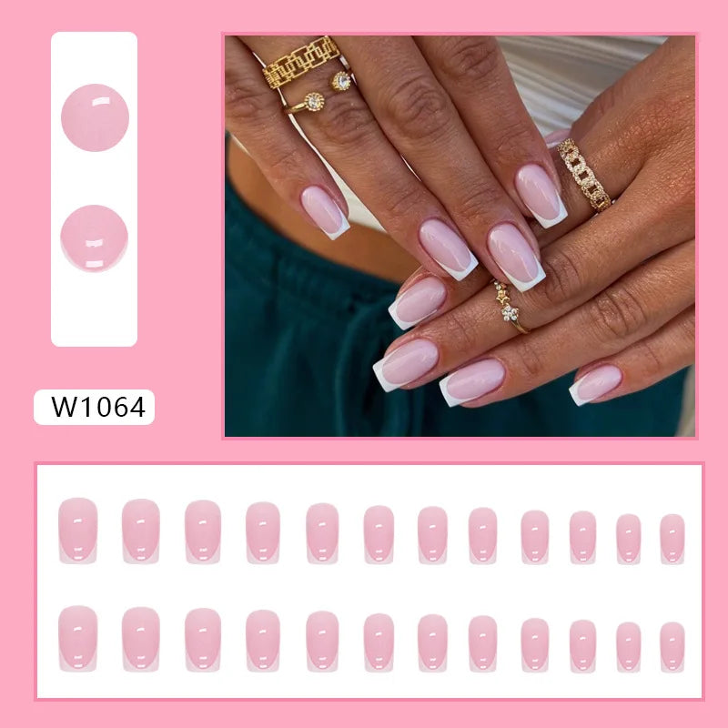 Dulce francés 24 Uds. De uñas postizas degradadas rosas, manicura de dedos artificiales brillantes, uñas postizas reutilizables para mujeres