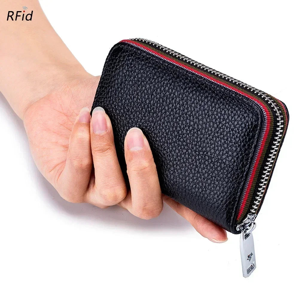 Tarjetero de cuero genuino para hombre y mujer, cartera pequeña con cremallera, monedero sólido, diseño de acordeón, identificación Rfid, bolsas para tarjetas de crédito comerciales