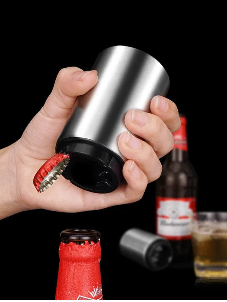 Abridor automático de botellas de cerveza de acero inoxidable, tapa de empuje sin curvatura, fácil de abrir para botellas de vidrio de cerveza y refresco, abridor de cocina