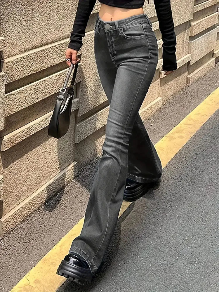 Pantalones vaqueros elásticos acampanados con bigote para mujer, pantalones vaqueros grises de cintura alta con parte inferior acampanada, pantalones largos Punk clásicos Y2K para mujer