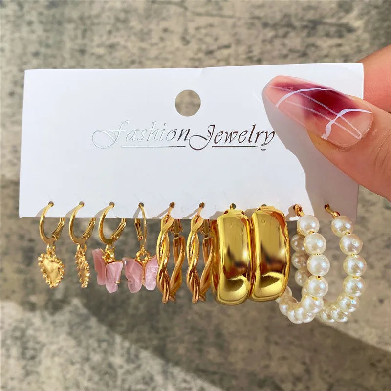 Conjunto de pendientes de aro bohemios de círculo grande para mujer, pendiente de perla Vintage bohemio de Color dorado, pendientes de circonita con forma de corazón, regalos de joyería