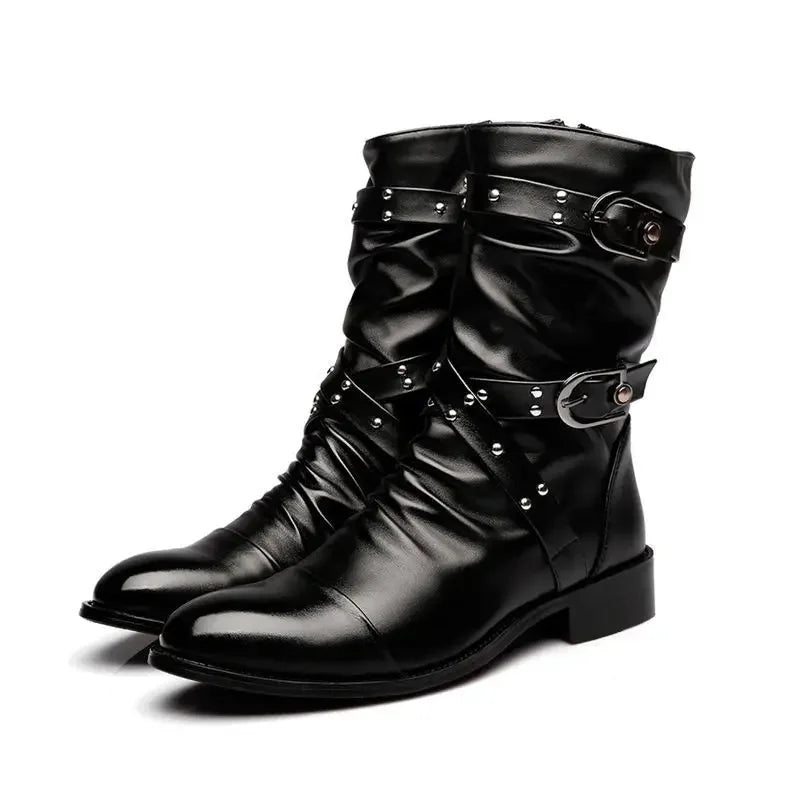 Botas de tubo medio de cuero de alta calidad para hombre, zapatos clásicos de moda para Otoño e Invierno, zapatos Punk Rock negros, informales para hombre y mujer de talla grande 38-48