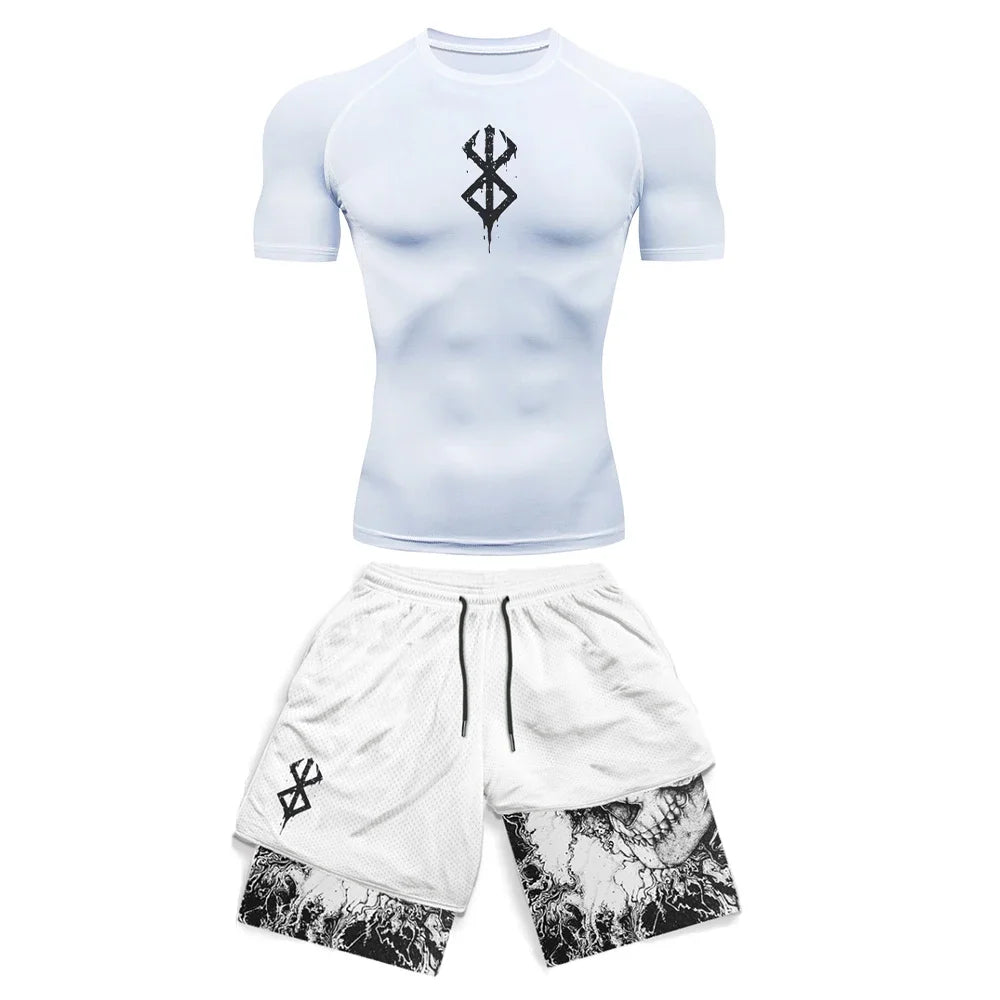 Conjunto de compresión con estampado 3D de Anime para hombre, Top de gimnasio de manga corta + pantalones cortos de entrenamiento, conjunto de protección contra sarpullidos transpirable de secado rápido