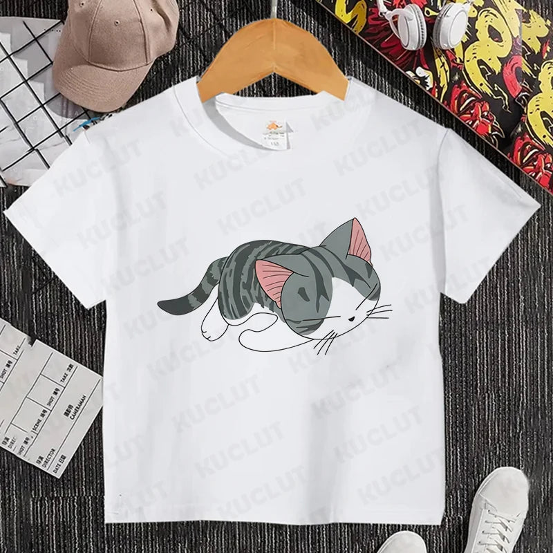 Camiseta con estampado de gato para niños y niñas, camiseta de dibujos animados, camiseta informal de manga corta, ropa cómoda y divertida para verano
