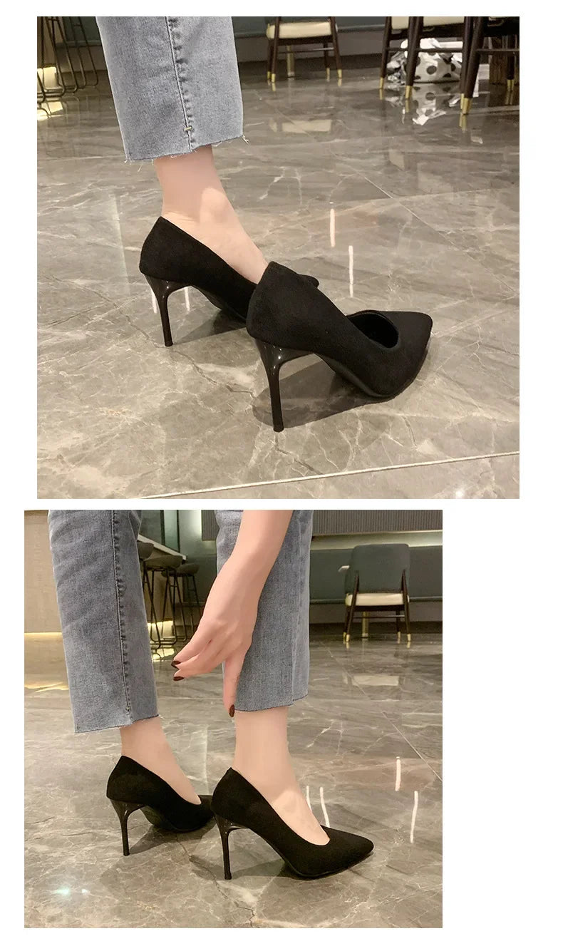 Primavera y otoño nuevos tacones altos negros Mujer boca poco profunda puntiaguda delgada con temperamento Sexy Zapatos individuales Zapatos De Mujer